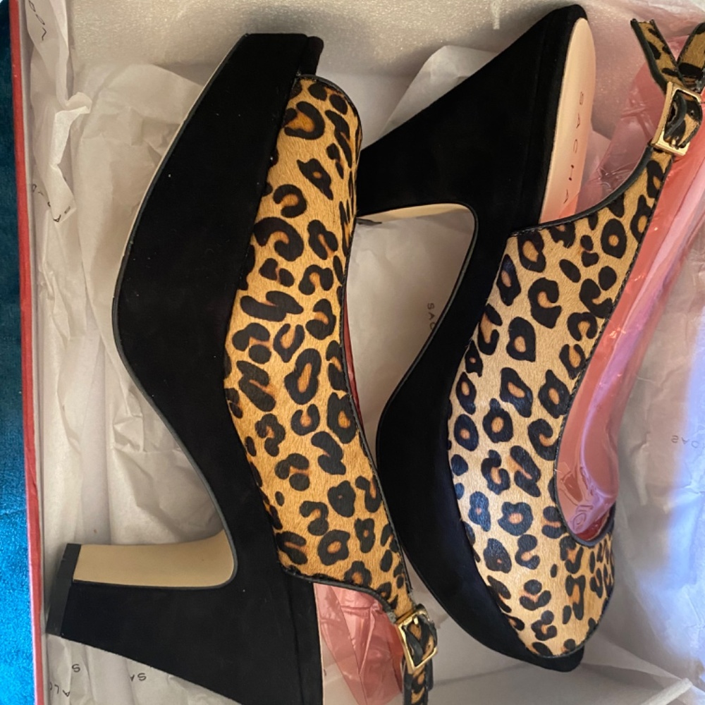 Sacha London Heel Pump Peeptoe Slingback Platform Leopard Leather Suede Elga - Picture 2 of 16